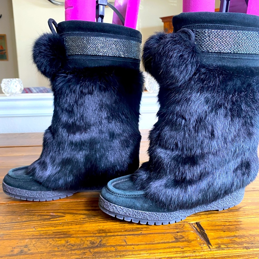 Black Coach rabbit fur boots, never worn. Fur is genuine, super soft, warm.